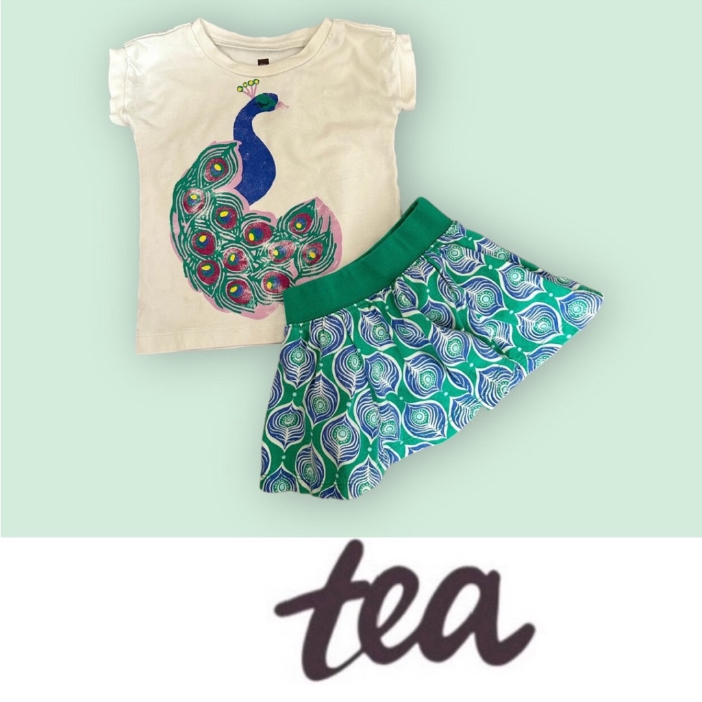 Tea Collection Cream Top And Green/Blue Peacock Skirt Kids Matching Set